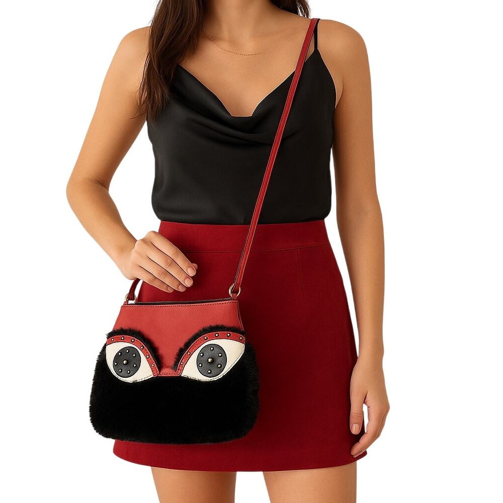 Vintage 90 Sharif Red Black Eye Appliqué Crossbody Bag Faux Fur Leather 8x11